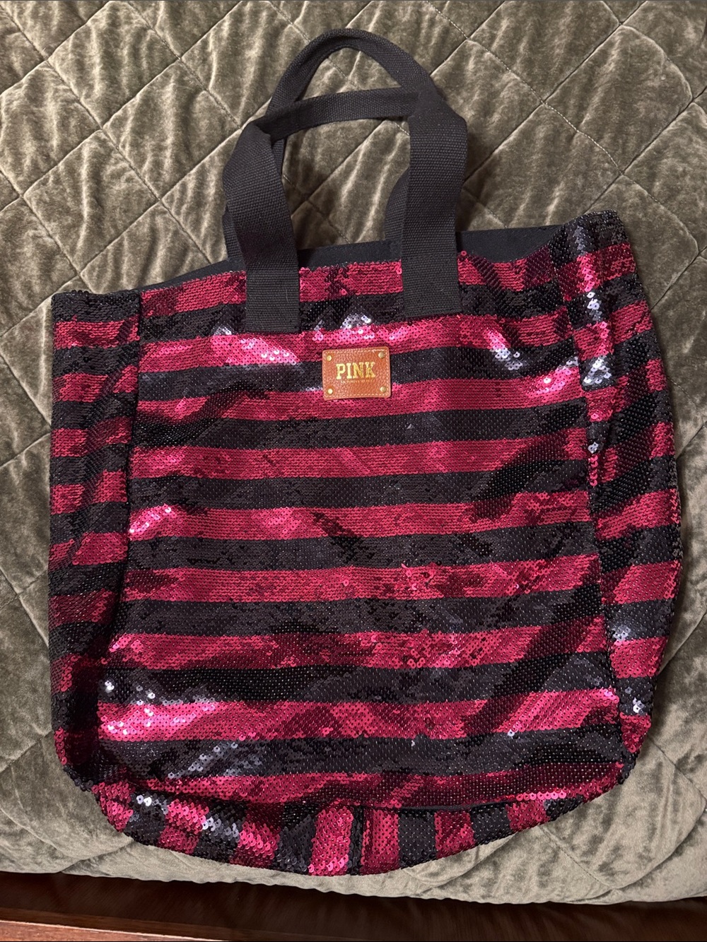 PINK Victoria's Secret Black & Fuchsia Sequin Striped Tote
